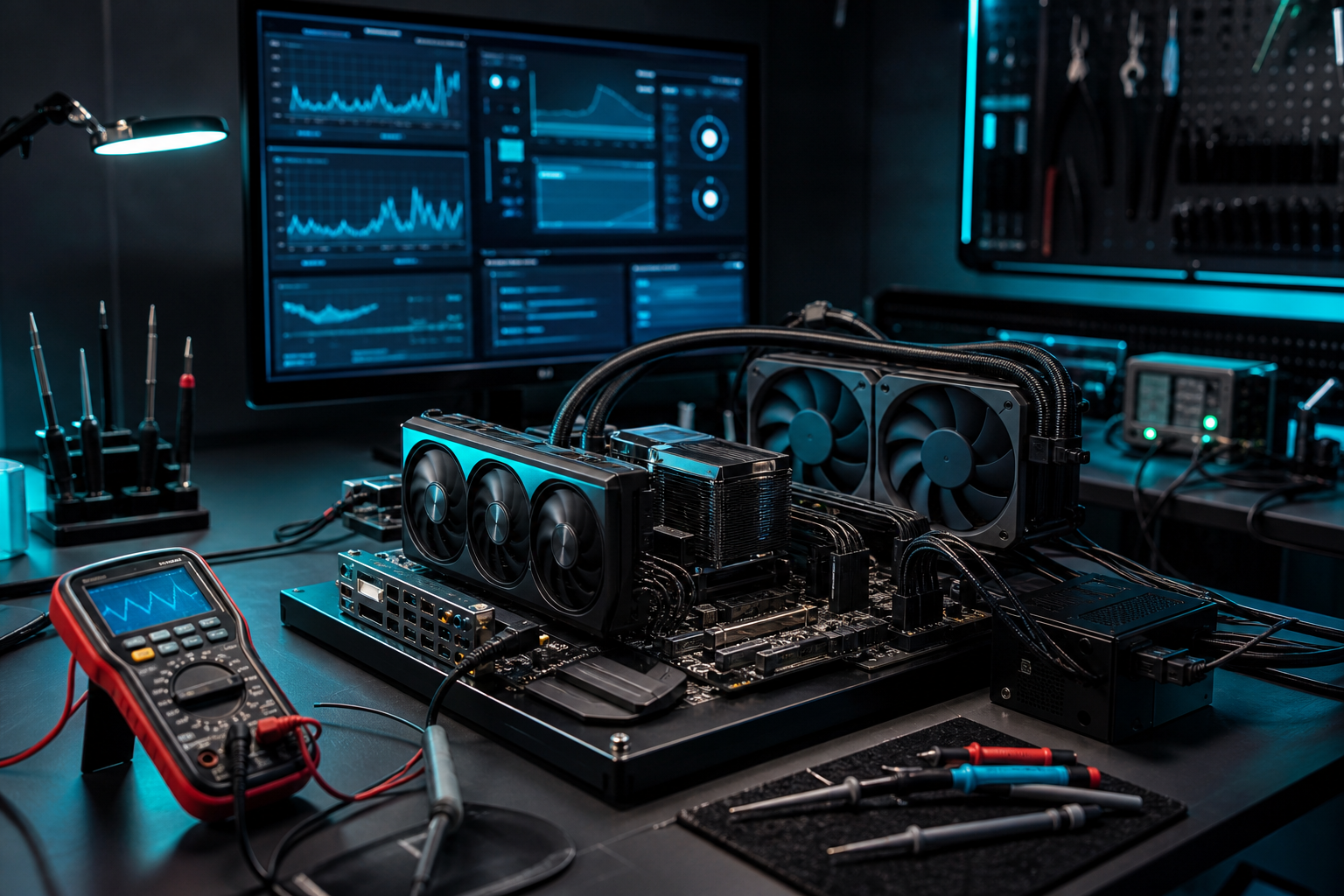 PC su banco di test con diagnostica
