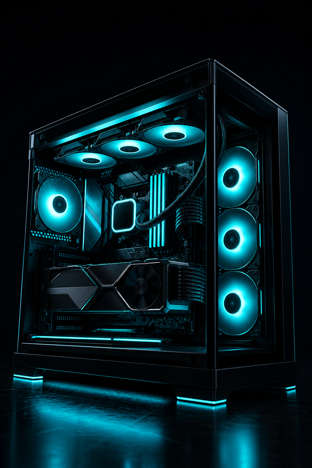 PC gaming custom con illuminazione RGB ciano in case di vetro